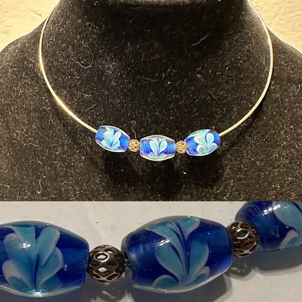 silver tone choker necklace Blue Glass Floral Beads Statement Collar Wedding